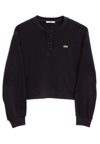 Zwarte wafelgebreide cropped longsleeve met een ronde hals, knopen aan de voorkant en een Vans-logo geborduurd op de borst. Gladde, omgeslagen mouwen.