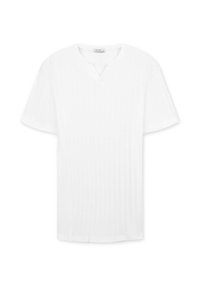 T-shirt bianca a maniche corte con scollo a V e una sottile texture a costine, presenta un orlo dritto e un design minimalista.