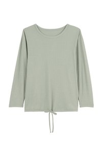 Haut à manches longues en ribbed vert clair avec un col rond et un détail de lien ajustable à l'ourlet. Texture douce et coupe décontractée.