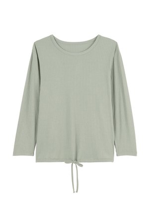 Haut à manches longues en ribbed vert clair avec un col rond et un détail de lien ajustable à l'ourlet. Texture douce et coupe décontractée.