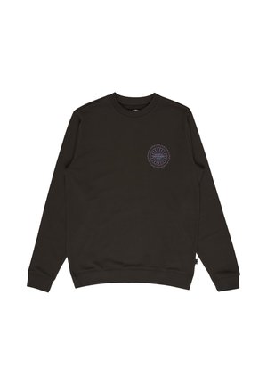 Zwarte sweatshirt met lange mouwen en ronde hals, met een klein rond paars-blauw patroon embleem op de linkerborst.