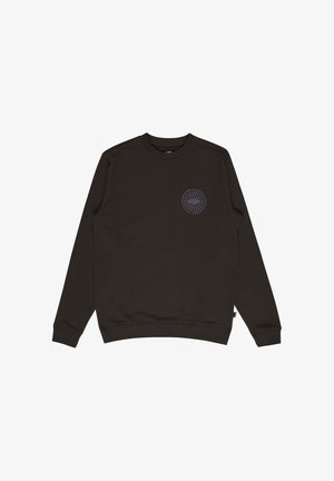 Zwarte sweatshirt met lange mouwen en ronde hals, met een klein rond paars-blauw patroon embleem op de linkerborst.