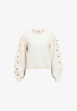 Felpa beige chiaro con maniche a sbuffo, caratterizzata da dettagli con aperture lungo i polsini. Tessuto morbido, scollatura a girocollo, design cropped.