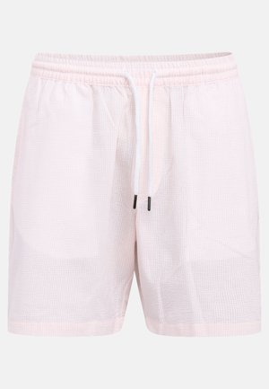 Hellrosa strukturierte Shorts mit elastischem Bund und weißem Kordelzug mit schwarzen Enden, Vorderansicht auf schlichtem Hintergrund.