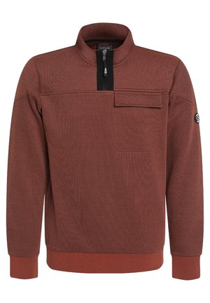 Pullover in Rostfarbe mit halbem Reißverschluss, hohem Kragen, Brusttasche mit Klappe, gerippten Bündchen und Saum sowie einem runden Logo-Patch am linken Ärmel.