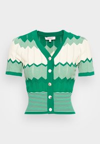 Grön och krämfärgad kortärmad cardigan med ett zickzackmönster, V-ringning och knäppning med fem knappar. Ribbad textur och randig fåll.