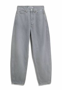 Jean gris taille haute avec une coupe décontractée. Dispose de cinq poches, passants pour ceinture et une braguette à boutons. Denim durable avec une texture douce.