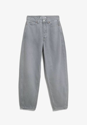 Jean gris taille haute avec une coupe décontractée. Dispose de cinq poches, passants pour ceinture et une braguette à boutons. Denim durable avec une texture douce.