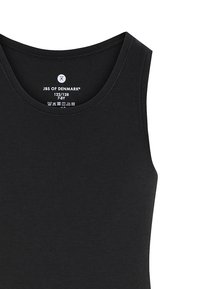 Sort tanktop med rund udskæring, lavet af blødt stof. Har brandetiket indeni med plejesymboler. Glat tekstur, ingen mønstre eller accenter.