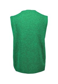 Grön ärmlös tröja med mönster av strukturerad stickning, rundad hals och ribbad fåll. Tyget verkar mjukt och något elastiskt.