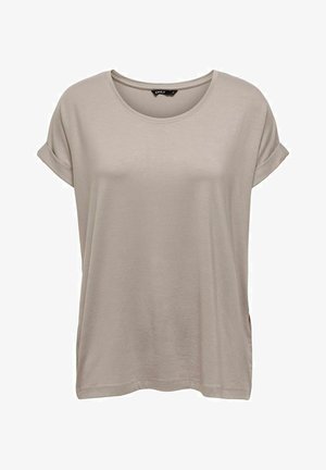 Camiseta de manga corta color beige claro con cuello redondo, mangas enrolladas, aberturas laterales y textura suave y lisa. Tejido ligero.