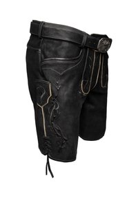 Shorts de cuero negro con costuras intrincadas, bolsillos laterales, patrones florales decorativos y detalle de dobladillo con cordones.