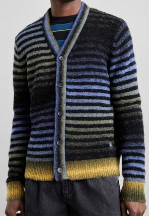 Mann trägt einen geknöpften Cardigan mit horizontalen Streifen in Schwarz, Blau, Grün und Gelb Farbverlauf über einem gestreiften Hemd und dunkler Hose.