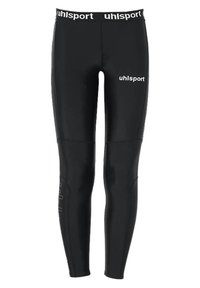 Schwarze Sportleggings aus elastischem Material mit einem breiten, elastischen Bund, der in Weiß mit "uhlsport"-Branding versehen ist, und einer figurbetonten Passform.