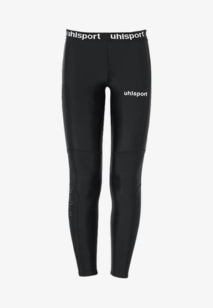 Black athletic leggings made of stretchy material, featuring a wide elastic waistband with "uhlsport" branding in white and fitted design.