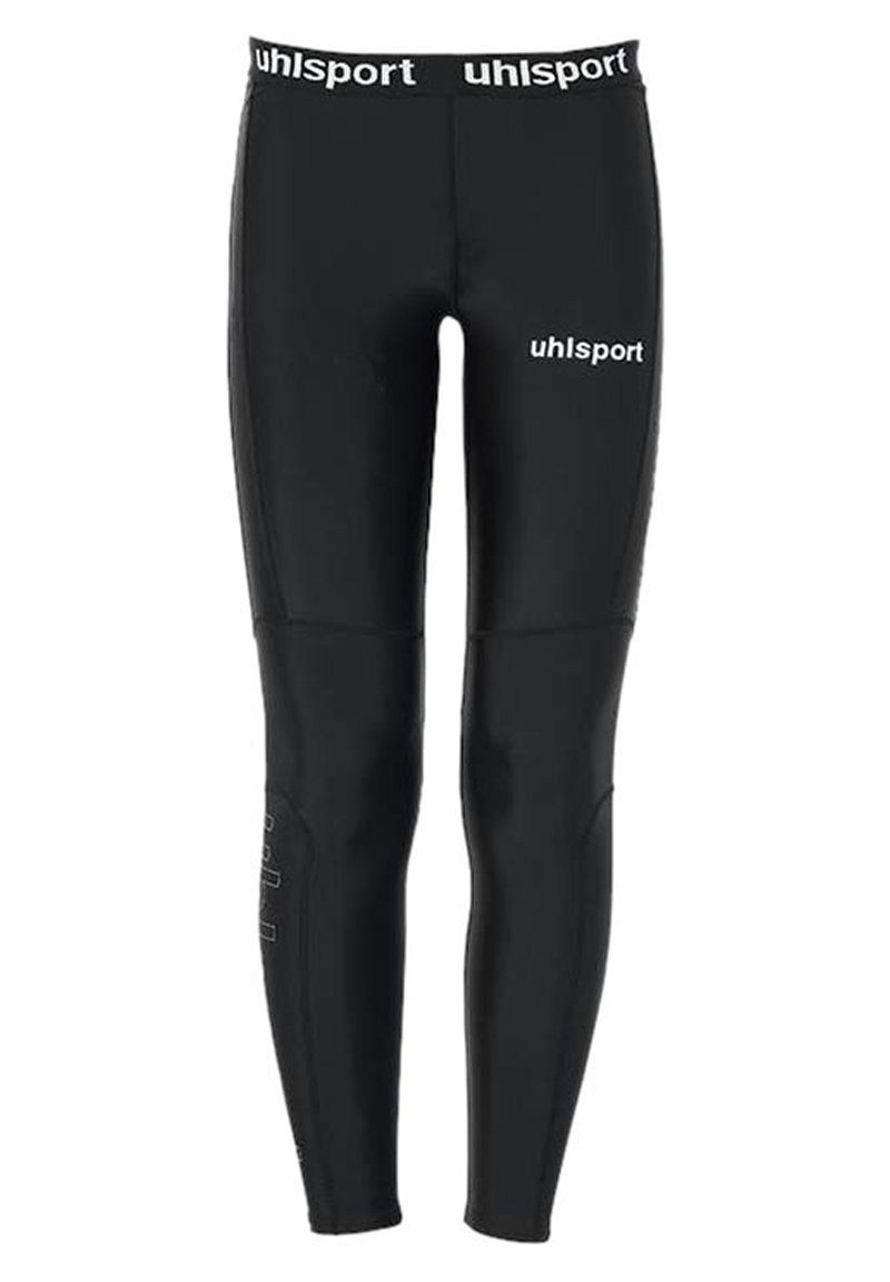 Schwarze Sportleggings aus elastischem Material mit einem breiten, elastischen Bund, der in Weiß mit "uhlsport"-Branding versehen ist, und einer figurbetonten Passform.