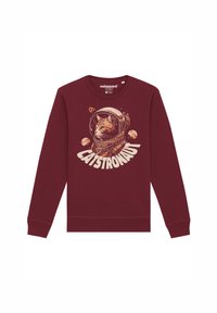 Bordeaux trui met een grafische print van een kat in een ruimtehelm en de tekst "CATSTRONAUT." Soepele textuur, ronde halslijn, lange mouwen.