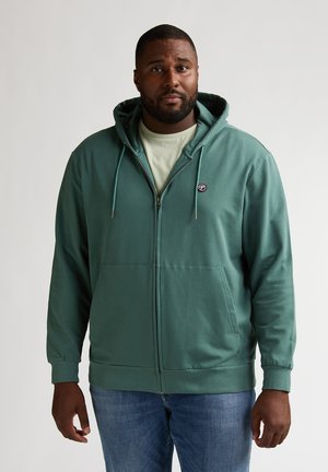 Sudadera verde con cremallera hecha de tela suave, con bolsillo delantero y capucha con cordón. Llevada sobre una camiseta ligera con cuello redondo.