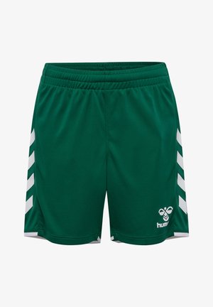 Ciemnozielone krótkie spodenki sportowe z białymi paskami w kształcie szewronu po bokach oraz białym logo pszczoły Hummel na lewej nodze.