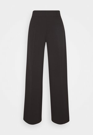 Pantalon noir à jambes larges avec une taille haute et une finition lisse et ajustée.