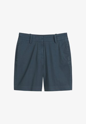 Shorts pour hommes de couleur bleu foncé en tissu léger, avec une coupe droite, des passants de ceinture et deux poches latérales. Texture lisse, sans motifs.
