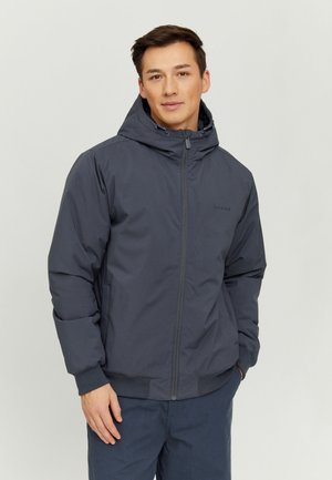 Dark gray padded jacket with a hood, featuring a front zipper and ribbed cuffs. Logo printed on the chest, visible pocket details.