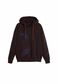 Brauner Kapuzenpullover mit blauen gestickten Designs, darunter Motive von Fischen und Vögeln. Verfügt über eine vordere Tasche und braune Kordelzüge.
