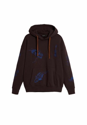 Brun hættetrøje med blå broderede designs, herunder fisk- og fuglemotiver. Har en lomme foran og brune snoredetaljer.