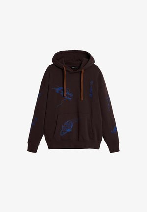 Brauner Kapuzenpullover mit blauen gestickten Designs, darunter Motive von Fischen und Vögeln. Verfügt über eine vordere Tasche und braune Kordelzüge.
