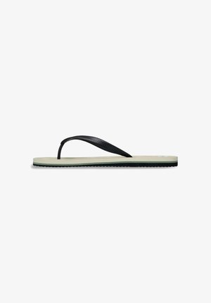 Black flip-flop with a textured strap, featuring a light green sole with a black edge and a patterned footbed. Durable rubber construction.