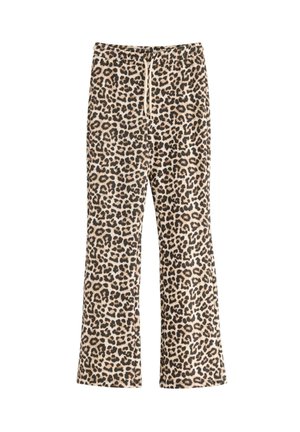 Beige flared sweatpants met een luipaardprint en zwarte vlekken. Voorzien van een elastische tailleband met een trekkoord. Zachte, gestructureerde stof.