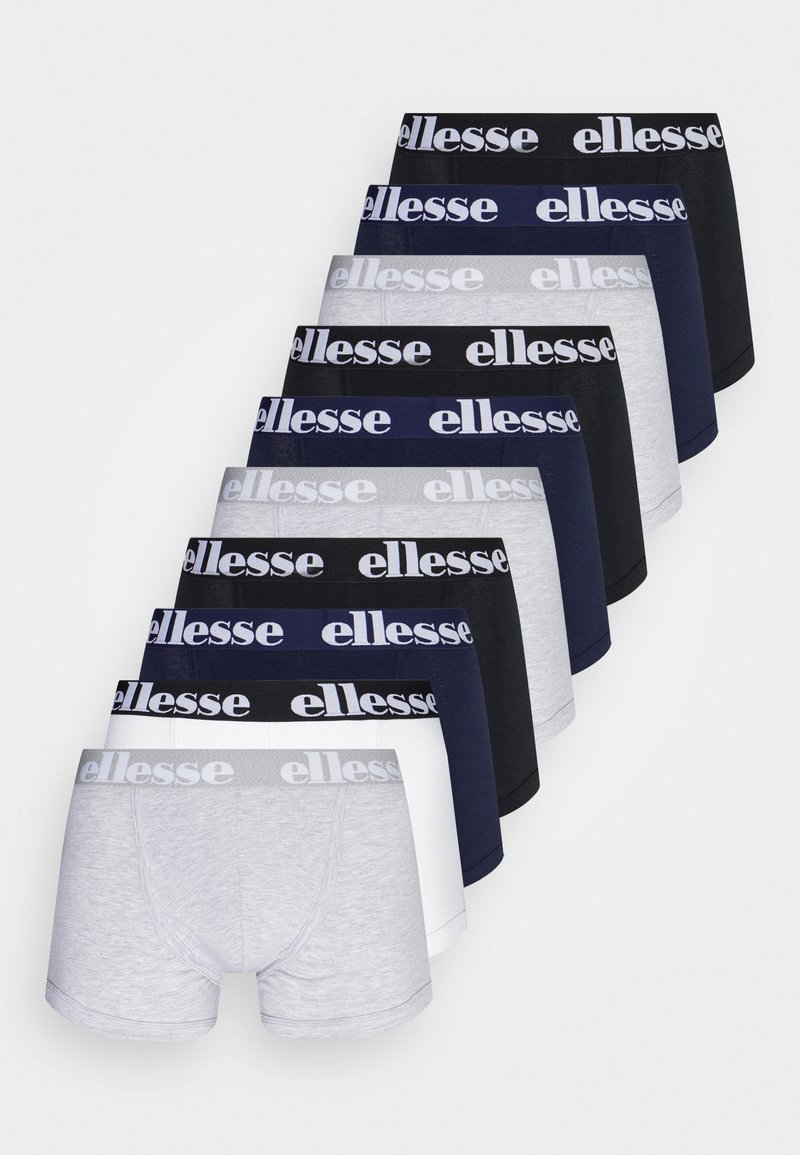 Boxer briefs in gray, white, and various shades of navy and black. Elastic waistbands with "ellesse" logo in white, smooth fabric texture.