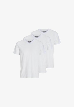 Tre t-shirt a maniche corte bianche a scollo a V in cotone, caratterizzate da un design semplice con un collo a contrasto e un logo del marchio discreto all'interno.