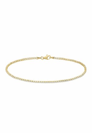 Delicaat gouden tennisarmbandje met kleine ronde diamanten in één enkele rij gezet en een karabijnsluiting.