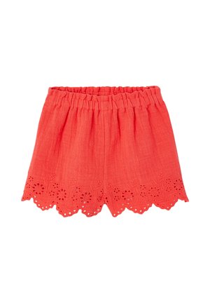 Rote Shorts mit elastischem Bund, gewellten Kanten und floraler Lochstickerei entlang des Saums, aus leichtem Stoff gefertigt.
