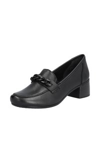 Mocassin en cuir noir avec un accent de chaîne, bout arrondi et un talon bloc de hauteur moyenne. Texture lisse et détails de couture le long de la semelle.
