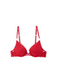 Red lace bra with double adjustable shoulder straps and leaf-like embroidery pattern, isolated on white background.