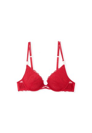 Soutien-gorge en dentelle rouge avec bretelles épaules doubles réglables et motif de broderie en forme de feuille, isolé sur fond blanc.