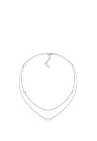 Silver double-layer necklace featuring textured chains and a crescent moon accent on the lower strand. Adjustable clasp closure.