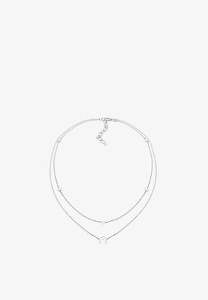 Colier dublu din argint, cu lanțuri texturate și un accent în formă de lună crescătoare pe firul inferior. Închidere cu carabină ajustabilă.