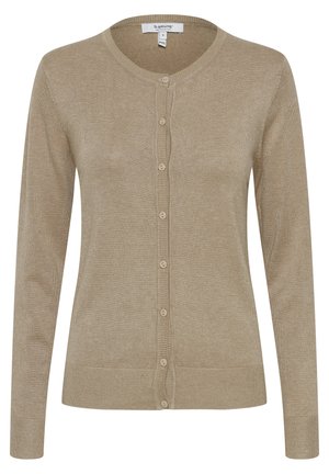Beige kofta med rund halsringning, knappstängning framtill, långa ärmar och ribbade fållar. Tillverkad av mjukt, lätt material.