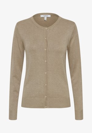 Beiger Cardigan mit rundem Halsausschnitt, Knopfverschluss, langen Ärmeln und gerippten Säumen. Aus weich leichtem Material gefertigt.