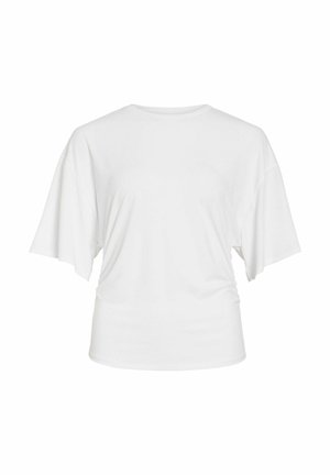 Jednoduché biele tričko s krátkym rukávom, voľného strihu a okrúhlym výstrihom, zobrazené na neutrálnom pozadí.
