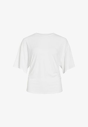 T-shirt blanc uni à manches courtes, coupe décontractée et col rond, présenté sur un fond neutre.