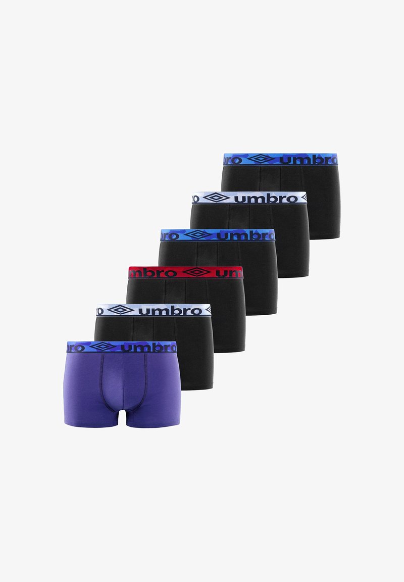 Six paires de boxers pour hommes en noir et violet, chacune avec une ceinture élastique de marque en bleu, blanc ou rouge affichant "Umbro".