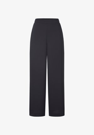 Schwarze weit geschnittene Hosen aus glattem Stoff, mit elastischem Bund und ohne sichtbare Verschlüsse. Klassisches, minimalistisches Design.