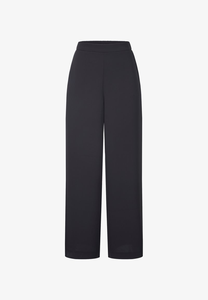 Pantalons larges noirs en tissu lisse, dotés d'une taille élastique et sans fermetures visibles. Design classique et minimaliste.