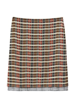 Pledinė sijonas juodos, raudonos, smėlio ir baltos spalvų languotu raštu, tiesaus kirpimo, su pilku plediniu apatine sluoksniu, matomu apačioje.