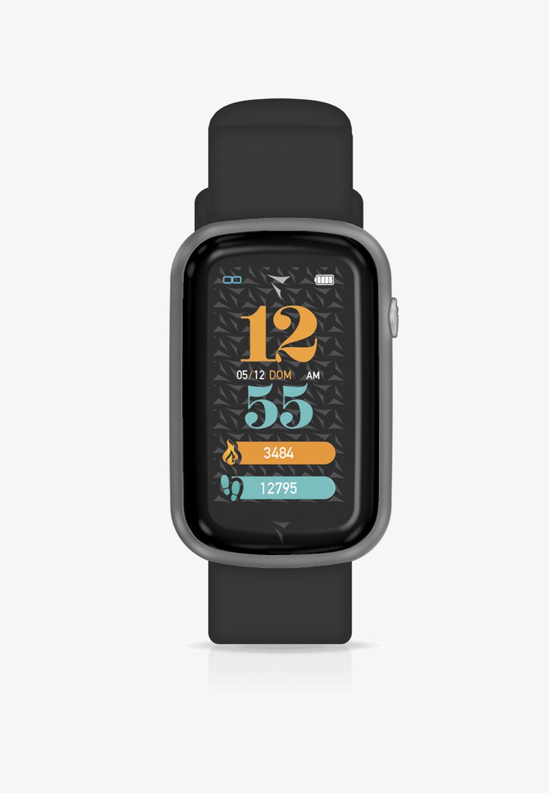 Black smartwatch with a rectangular touch screen. Display shows time, date, steps, and calories burned. Features silver accents and a black strap.