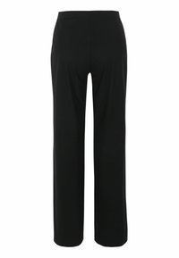 Schwarze, weit geschnittene Hose aus weichem Stoff mit elastischem Bund. Glatte Textur, schlichtes Design und figurschmeichelnde Länge.